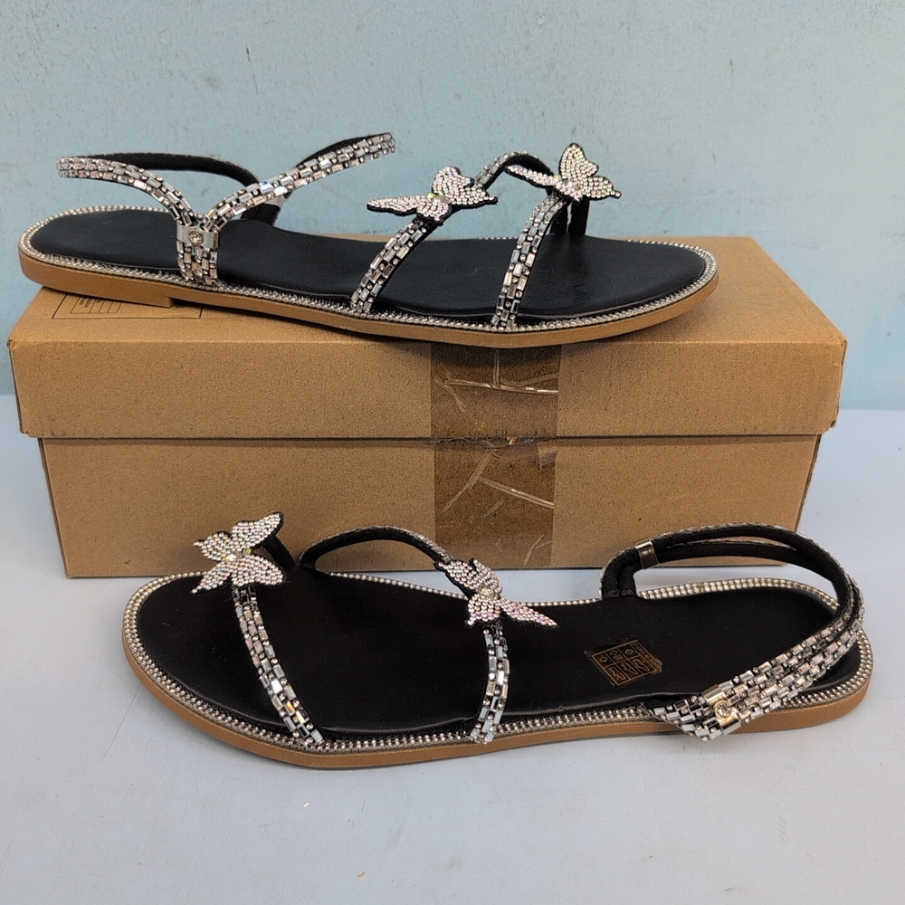 Shein Women's Sparkly Rhinestone Butterfly Strappy Flat Sandals EU 44 Black